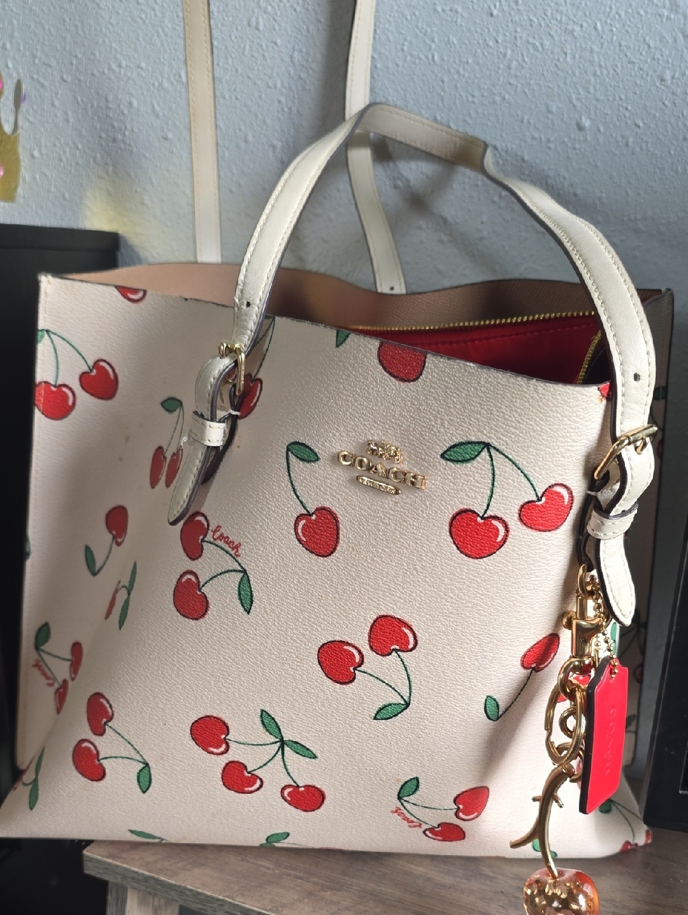 Coach Cream Tote with Red Cherry Print